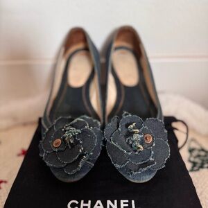 CHANEL Women's Denim Flats with Floral Accent